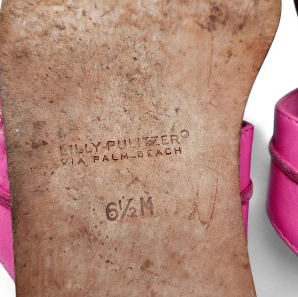 Lilly Pulitzer via Palm Beach McKim Pink Leather Gold Ring Thong Slide Sandals